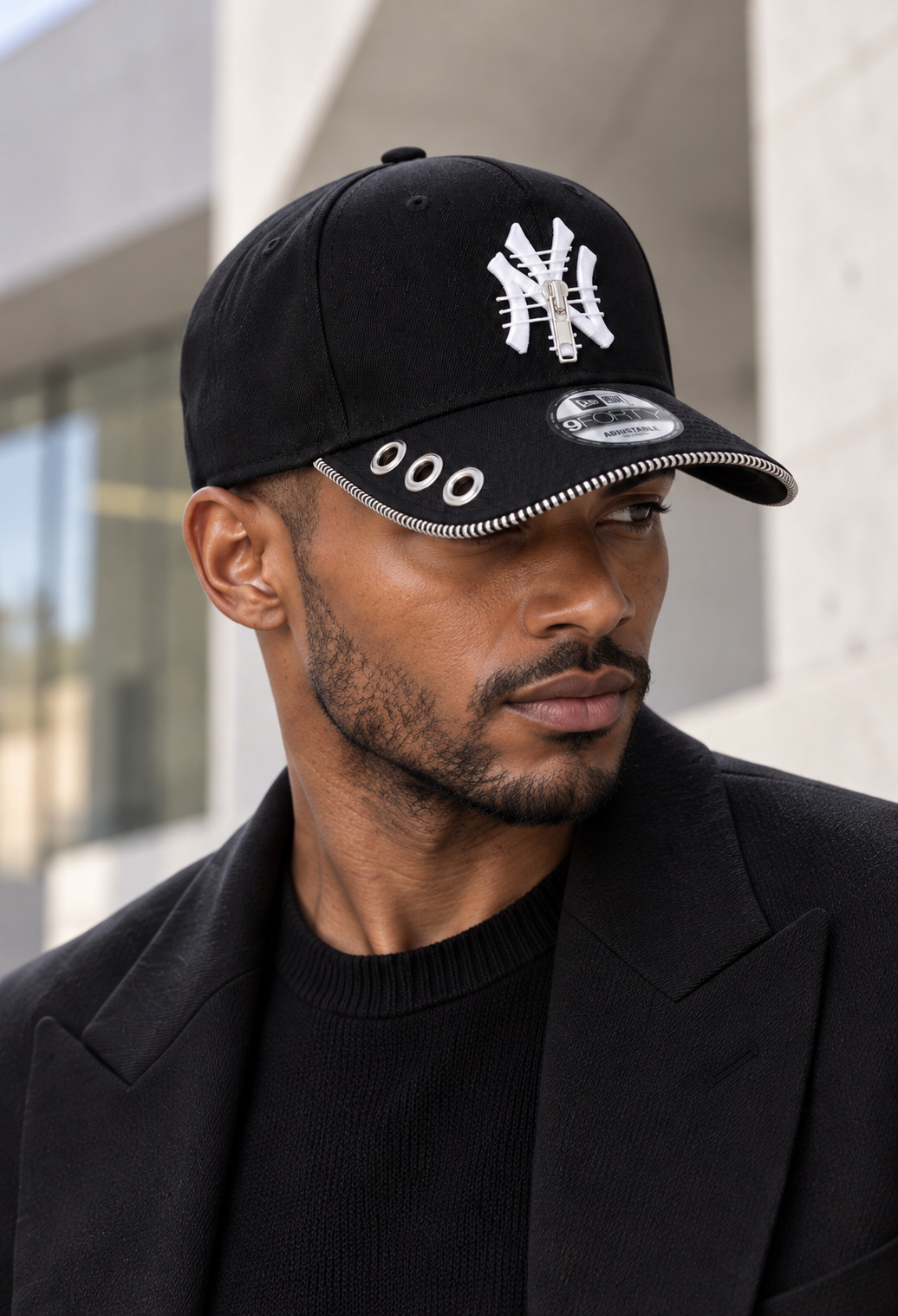 A client wearing a custom LuxeBrim cap, styled for an occasion